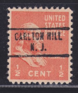 NJ Precancel: Carlton Hill 734; ½c 1938 Presidental Issue; Better Type