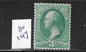 US #147 1870-71 WASHINGTON 3 CENTS (GREEN) MINT LIGHT HINGED