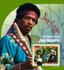 NIGER - 2022 - Jimi Hendrix. 80th Birthday -Perf Souv Sheet #2-Mint Never Hinged