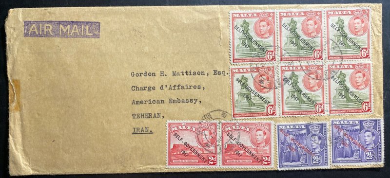 1952 Malta Airmail Cover To American Embassy Teheran  Self Government Stamp 