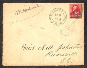USA 220 STAMP ASHVILLE & COLUMBIA RPO MISSENT REEVESVILLE SOUTH CAROLINA COVER
