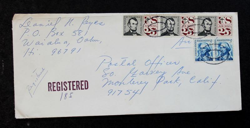 US Stamp Sc #C59 Strip of 3 + 1233 Pair on Registered Cover from Hawaii May 1969