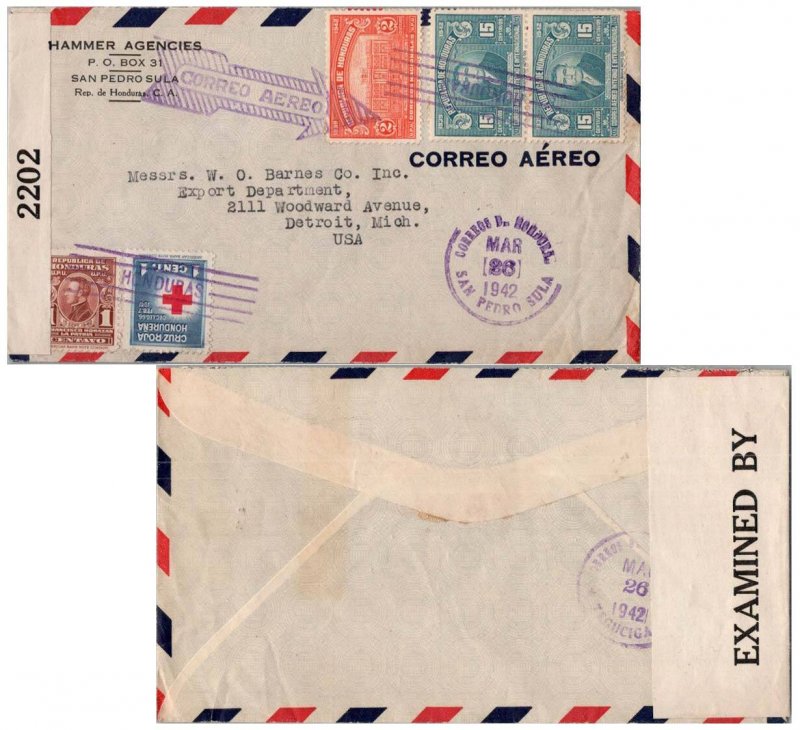 Honduras 1c Red Cross and 1c Morazan Postal Tax, 2c Central District Palace a...