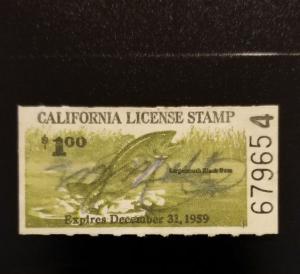 1959 $1 California Fishing License Stamp, Largemouth Black Bass, Rare Revenue
