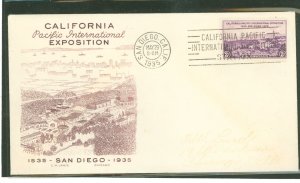 US 773 3c California Pacific International Exposition/single on an addressed (erased) first day cover (1935) with a Janis cachet