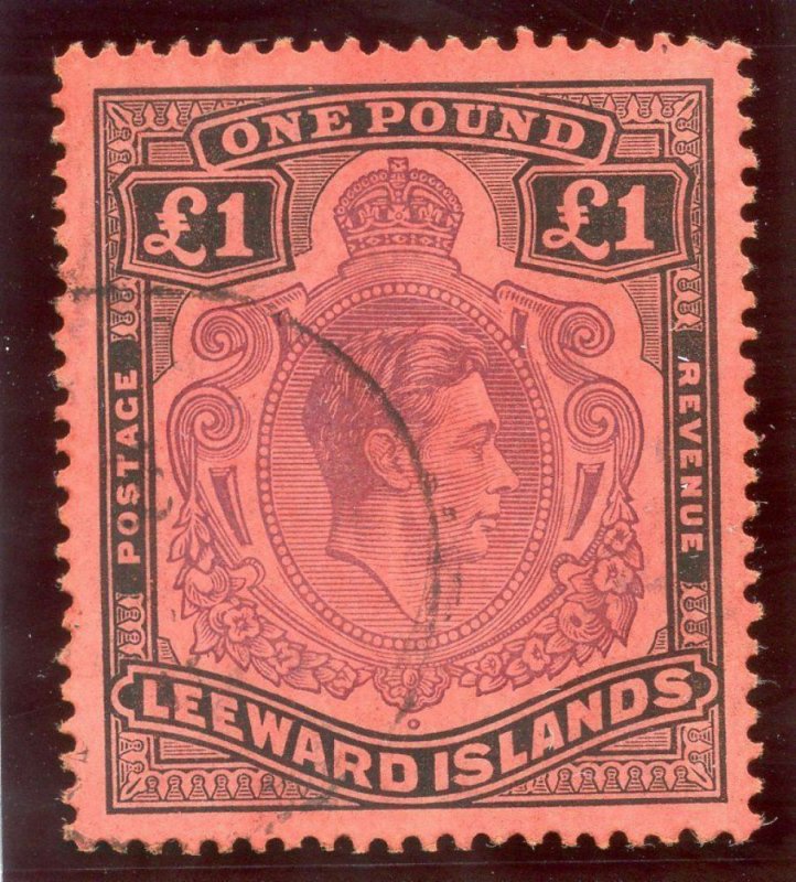 Leeward Islands 1942 KGVI £1 purple & black/carmine VFU. SG 114a var. CW 13c.