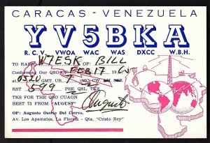 QSL QSO RADIO CARD Caracas-Venezuela/YV5BKA/Augusto Osorio Del Ciervo, (Q1894)