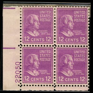 US #817 PLATE BLOCK, VF/XF mint never hinged, 12c Taylor,  Post office fresh!...