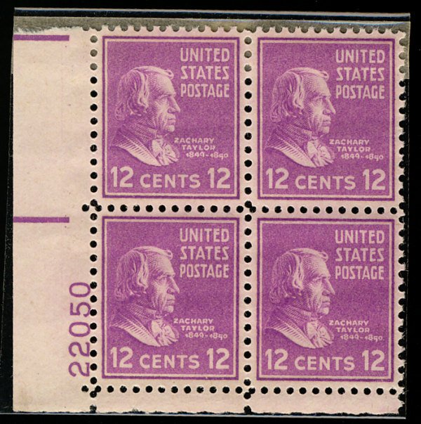 US #817 PLATE BLOCK, VF/XF mint never hinged, 12c Taylor,  Post office fresh!...