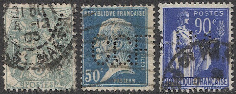 FRANCE Three used stamps with PERFINS - V I, C C F & H M