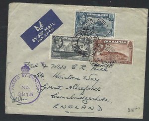 GIBRALTAR COVER (PP0211B) 1943 KGVI 2D +1D+3D    CENSOR COVER TO ENGLAND 