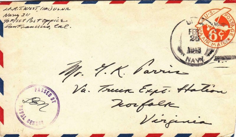 1943, Navy 311 Naval Air Base, Johnson Island to Norfolk, VA, Censored (N6237)