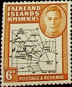 Falkland Is., Dependencies 1946 6d SG G6e * MH KGVI BLACK+OCHRE VARIANT (002753)