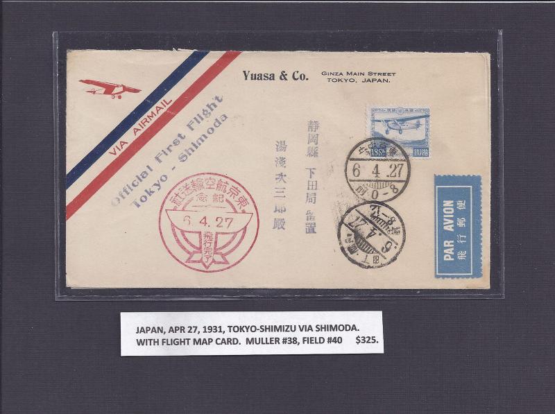 JAPAN APR 27 1931TOKYO-SHIMIZU VIA SHIMODA W/ FLT MAP CARD MULLER #38 FIELD #40