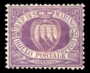 San Marino #17 Cat$925, 1877 40c violet, unused with part original gum, heavy...