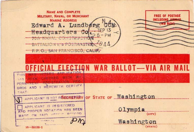 United States Fleet Post Office Free Official War Ballot Mail 1944 U.S. Navy ...