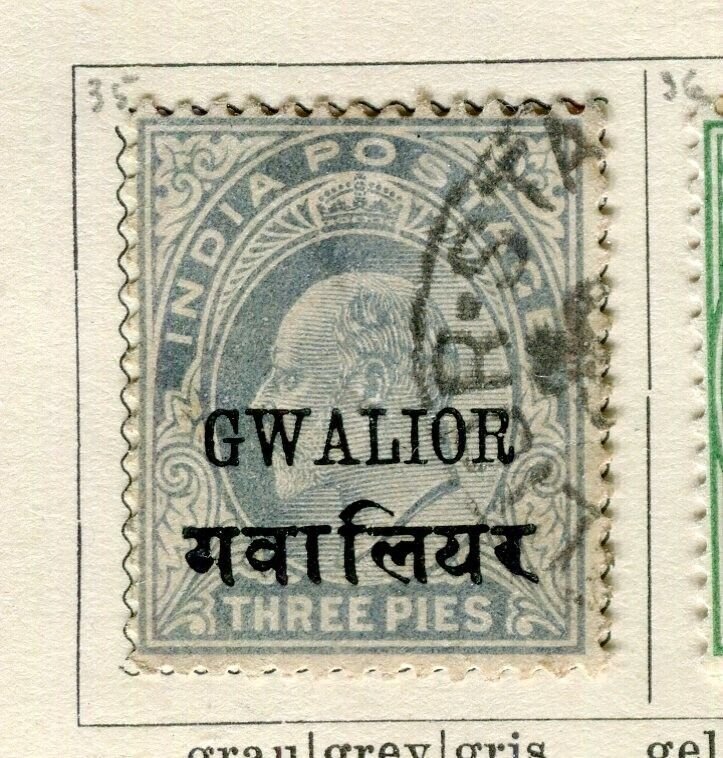 INDIA GWALIOR; 1903 early Ed VII issue fine used 3p. value