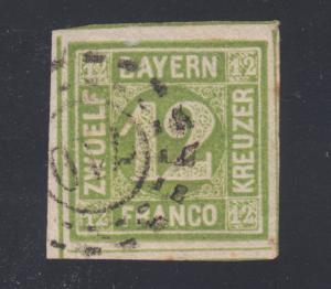 Bavaria Sc 13 used 1862 12kr yellow green Numeral, scarce #710 cancel, VF