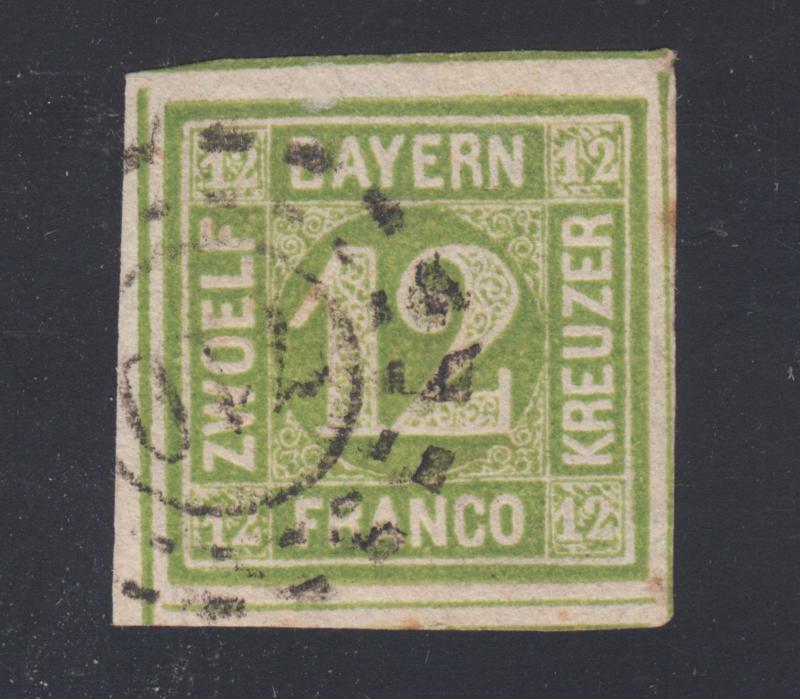 Bavaria Sc 13 used 1862 12kr yellow green Numeral, scarce #710 cancel, VF