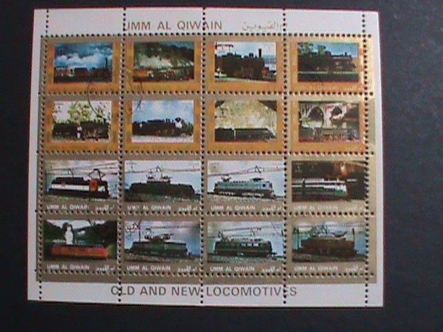 ​UMM AL QIWAIN-1973 WORLD FAMOUS TRAINS CTO MINI SHEET VERY FINE