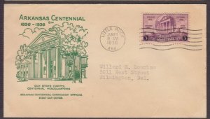 1936 ARKANSAS 100 years Sc 782-51h 1st Arkansas Centennial Commission cachet
