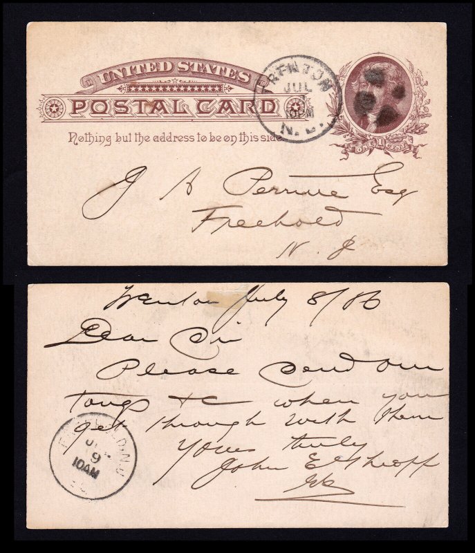 SCOTT #UX8 JEFFERSON POSTAL CARD TRENTON NJ FANCY DUPLEX CANCEL 1886
