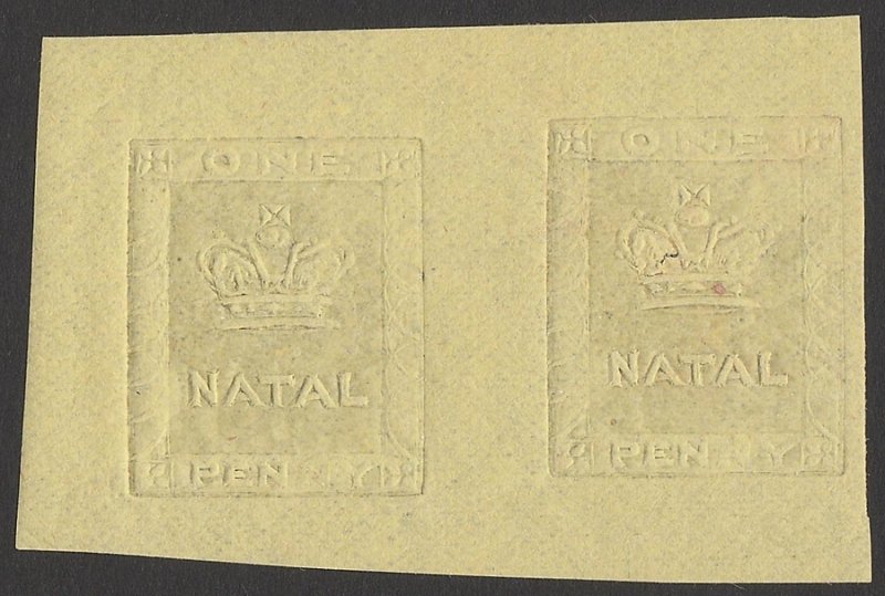 NATAL 1857 Embossed 1d pair, imperf, original die reprint. cat £3200 as