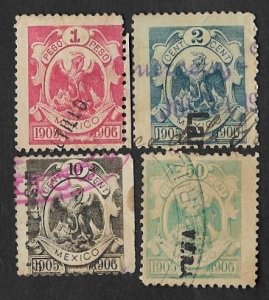 SD)1906 MEXICO  4 FISCAL STAMPS COAT OF ARMS 1P, 2C, 10C & 50C, WITH VARIETY