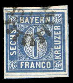 German States, Bavaria #11 Cat$40, 1862 6kr blue, used, large margins