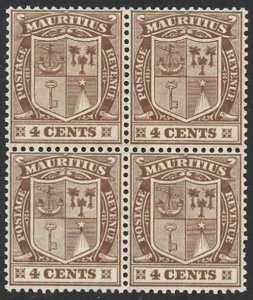 Mauritius 1921-26 Arms 4c Brown Wmk MultScriptCA #167 VF-NH BLOCK CV $14.00++-