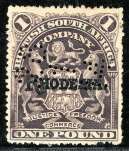 Rhodesia BSACo KEVII SG.113 £1 High Value *28/1/14* Used 1914 Perfin GBLUE135