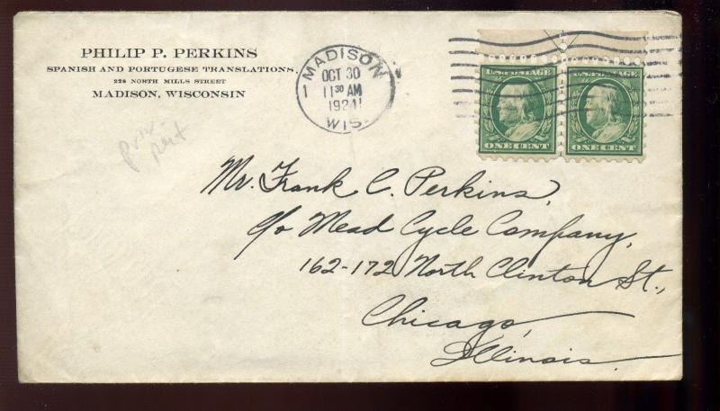 Scott #343/383 PERKINS Private Perf Line Pair on COVER w/ APS Cert (343 Perkins)