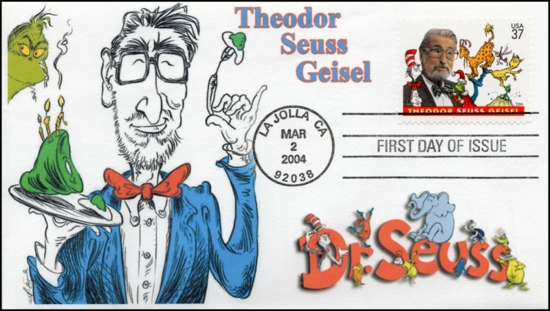 AO3835, 2004, Dr Theodor Seuss Geisel FDC, Add On Cachet, Dr Seuss, SC 3835