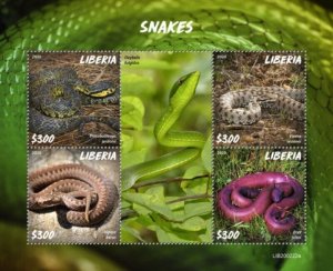 Liberia - 2020 Snakes on Stamps - 4 Stamp Sheet - LIB200222a