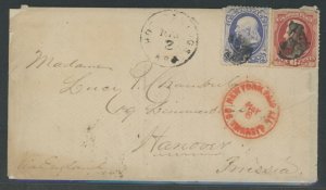 US 145/148 Hot Springs, Arkansas to Hanover, Prussia 1872 w/New York paid all hand stamp.  Scott #145/#148 pay 7 cent rate. Open