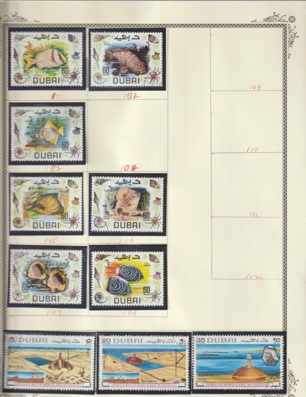 DUBAI Collection 1969-1972 7 Album Pages  95 Different CTO stamps Great Topical