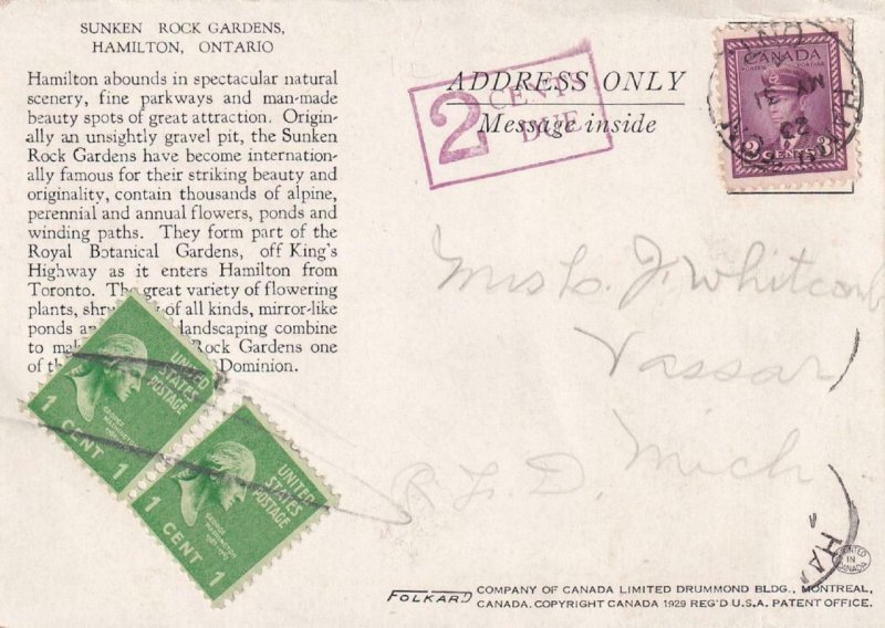 1931, Hamilton, Canada to Vassar, MI, Postage Due, See Remark (41483)