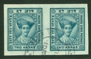 SG 21a Indore 1927-37. 2a bluish-green, imperf pair. Very fine used, full-...