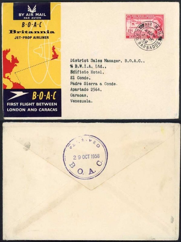 Barbados 1958 BOAC first flight cover to Caracas Venezuela