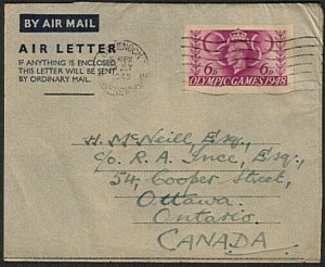 GB 1948 Olympic Games 6d air letter FIRST DAY CANCEL to Canada.............63223