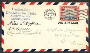 USA C11 STAMP DENISON IOWA CHAMBERLIN FIELD AUTOGRAPHED AIRMAIL COVER 1930
