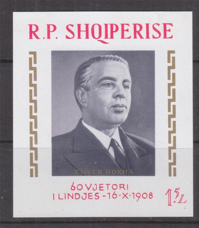 ALBANIA 1968 60th Birthday of Hoxha Souvenir Sheet, lhm., thin at top left.