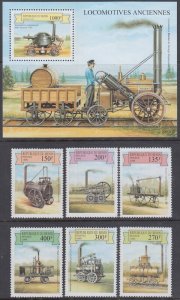 BENIN Sc# 1159-65 CPL MNH SET of 6 + SOUVENIR SHEET of EARLY STEAM VEHICLES