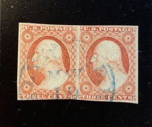 *US Stamps #11A, used pair with nice blue May 19 town cancel