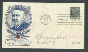 1938 Prexy #828 24c Harrison FDC On Cacheted Cover