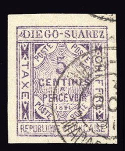 French Colonies, Diego Suarez #J1 Cat$120, 1891 5c violet, used, expert signed