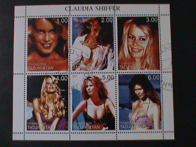 TAJIKISTAN-1999 FAMOUS SEXY MOVIE STAR-CLAUDIA SHIFFER CTO SHEET FANCY CANCEL