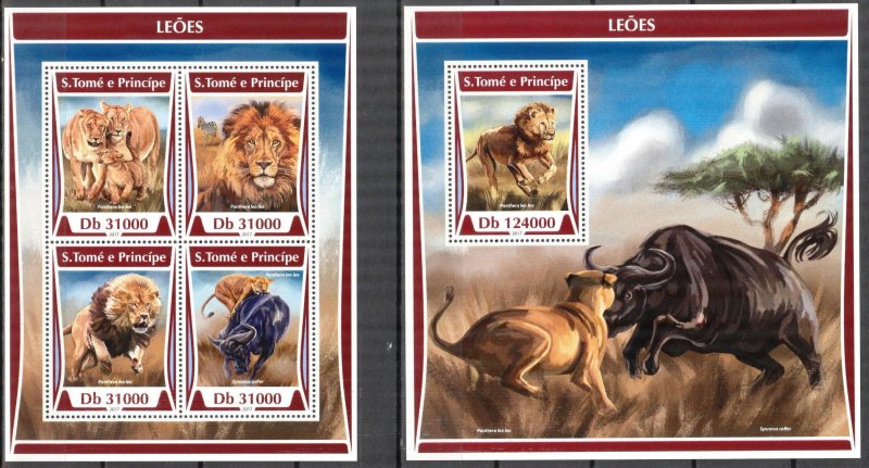 Sao Tome and Principe 2017 Wild Cats Lions sheet + S/S MNH