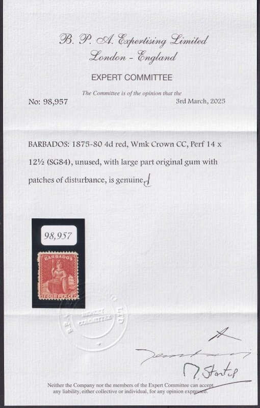 Barbados, Scott 53b (SG 84), MLH (disturb?), with BPA cert, about 20 known