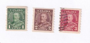 CANADA # 228-230 VF-MNH & 1 USED KGV COILS CAT VALUE $45